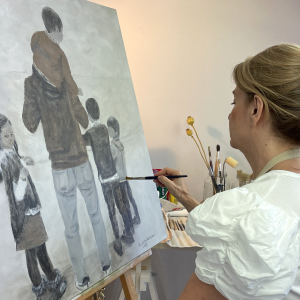 Cuadro pintado por Ana Ortín. Título: Retrato de familia con niño al hombro